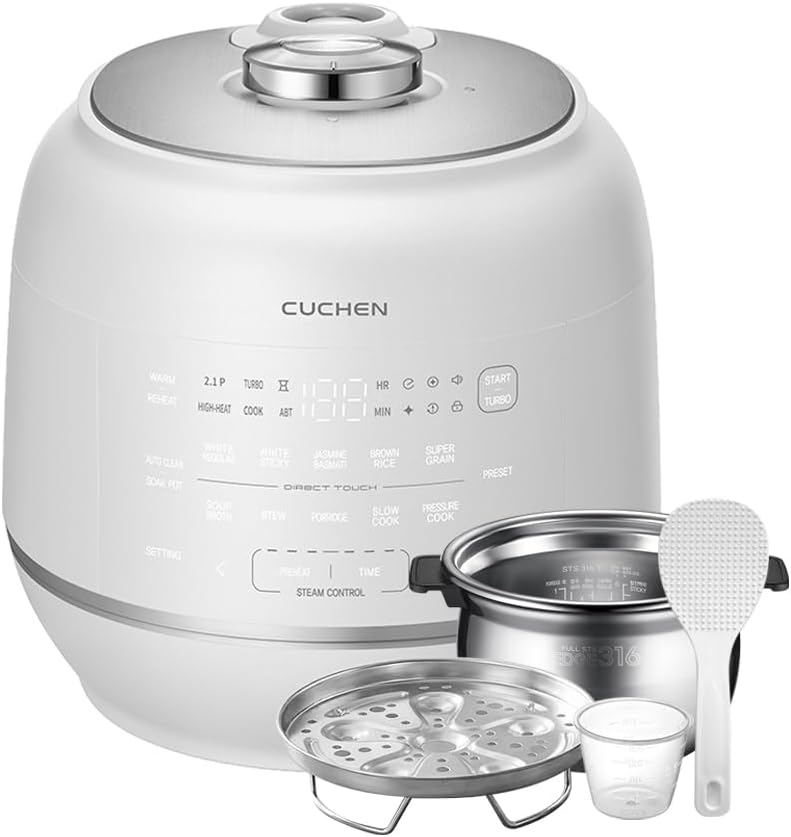 Cuchen IH Pressure Rice Cooker 6 Cup - 2.1 Bar Ultra High-Pressure Cooker for Multi-Grain & White Rice - 316Ti Stainless Steel Inner Pot, Induction Heating, Made in Korea, White, CRT-RPD0610IEWUS