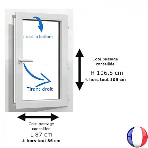 Fenêtre PVC blanc 1 vantail hors tout H 106 x L 86 cm oscillo battant pour pose rénovation - tirant droit