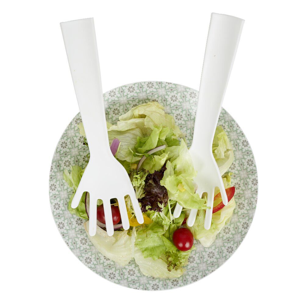 Lot de 2 couverts à salade forme main plastique blanc