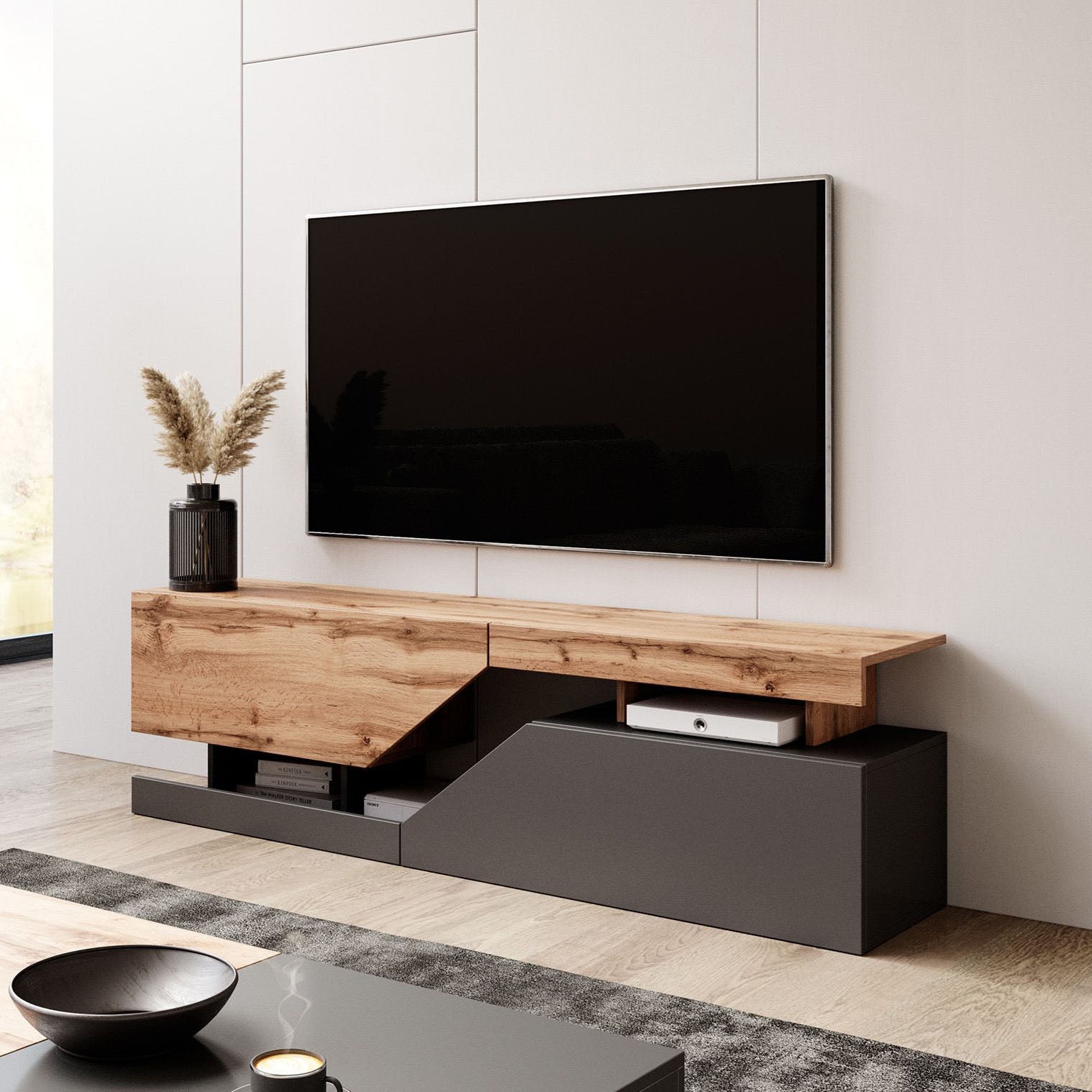 Meubella - TV-Meubel Canberra - Eiken - Antraciet - 160 cm