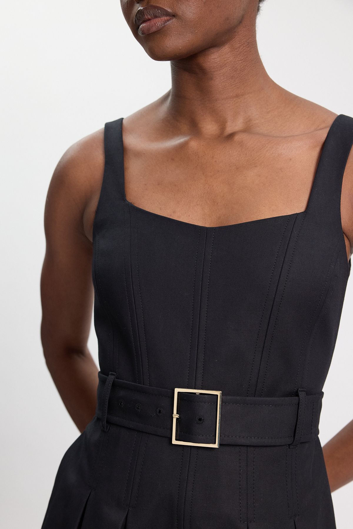 KarenMillen Premium Cotton Tailored Fabric Belted Buckle Midi Dress