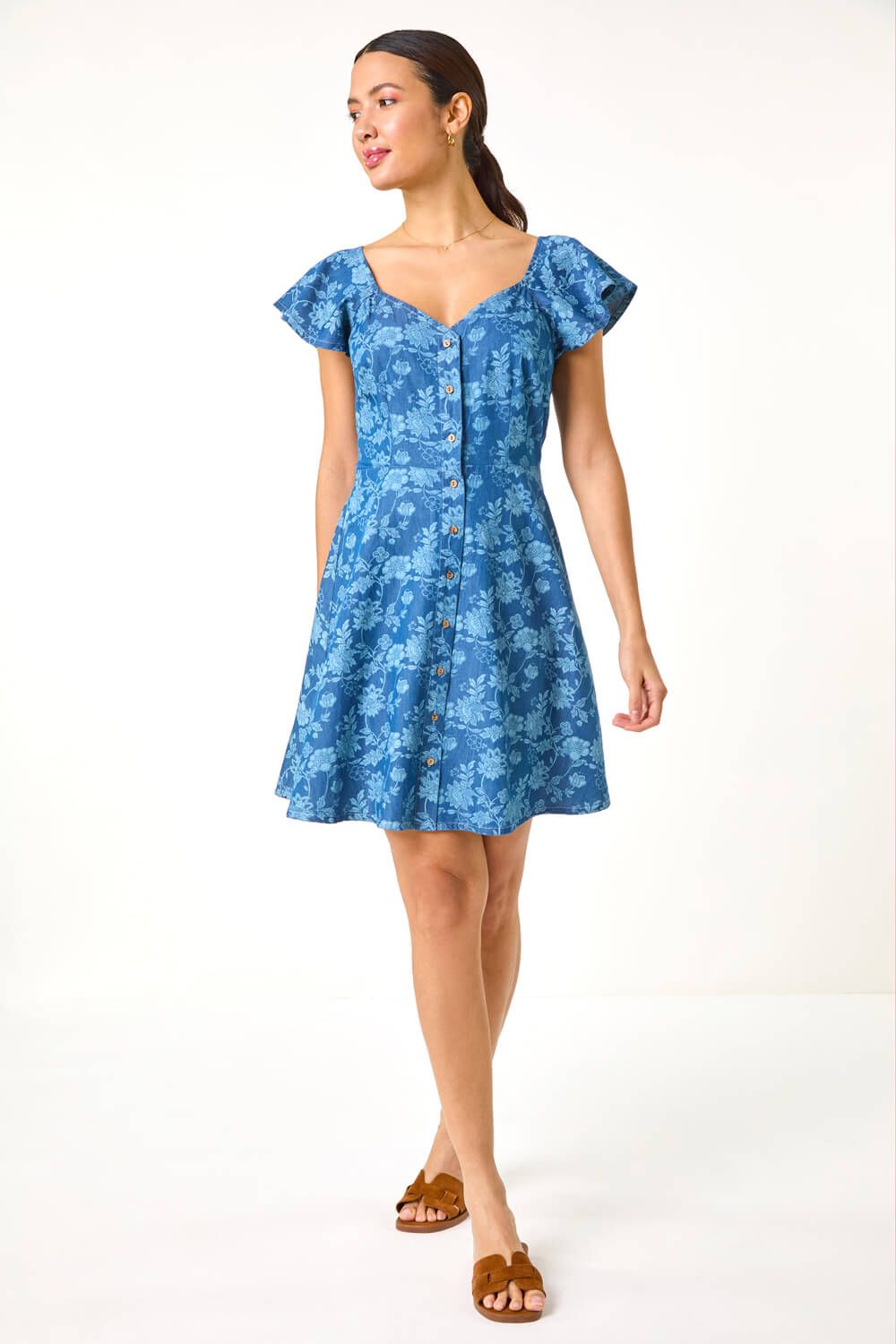 Roman Denim Print Buttoned Mini Dress