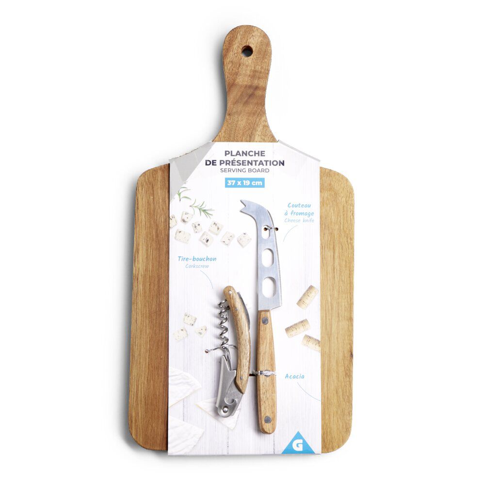 Planche de présentation avec couteau et tire-bouchon acacia 37x19cm