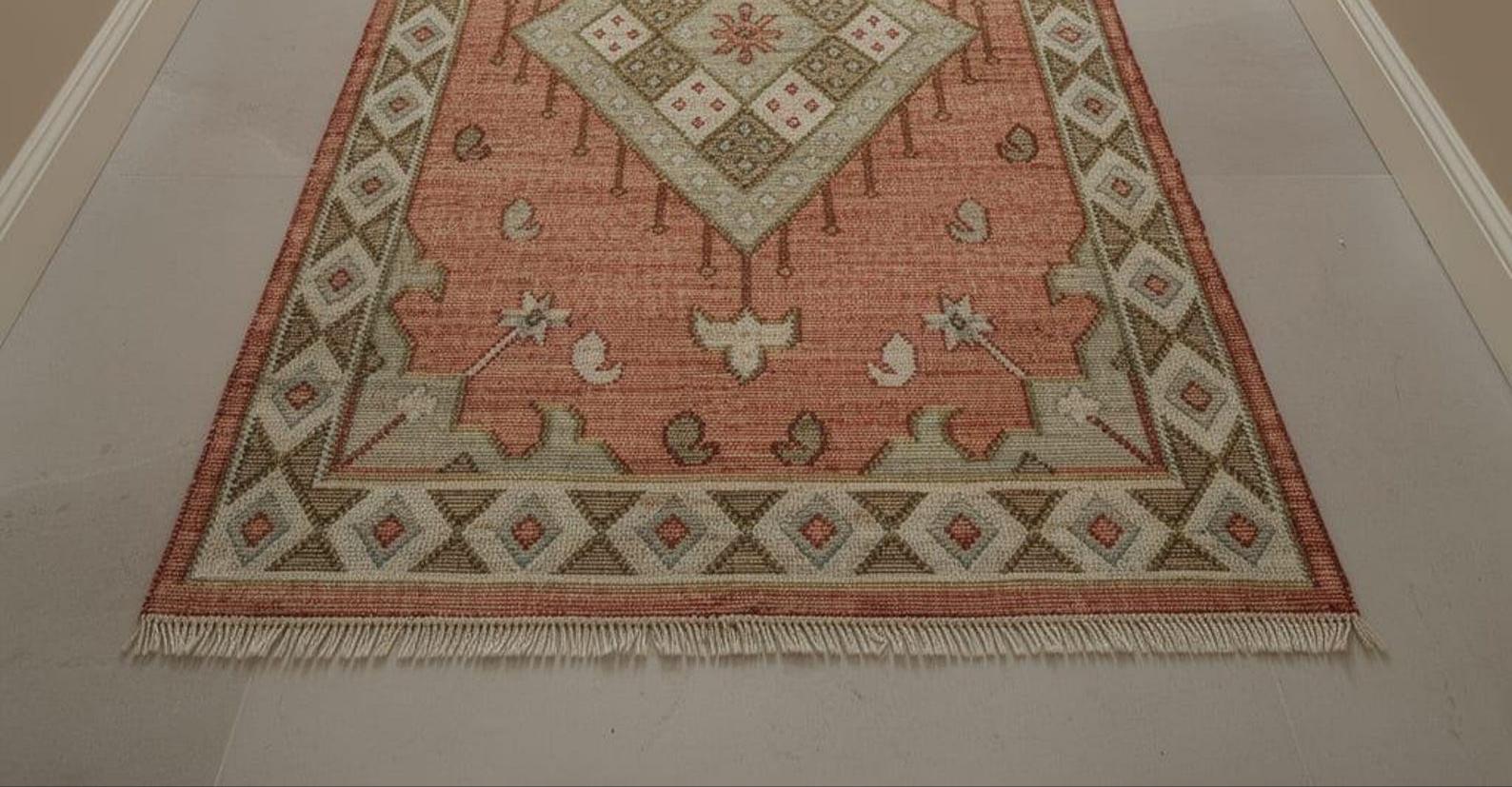 Hand Knotted Wool Rug: Vintage Oriental Geometric Medallion Carpet (Pink Beige)