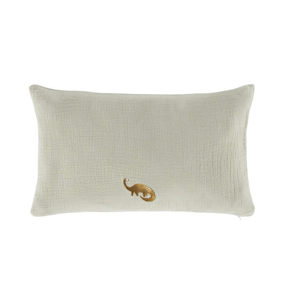 YUMA - Coussin en gaze de coton biologique vert avec dinosaure brodé marron 25x40