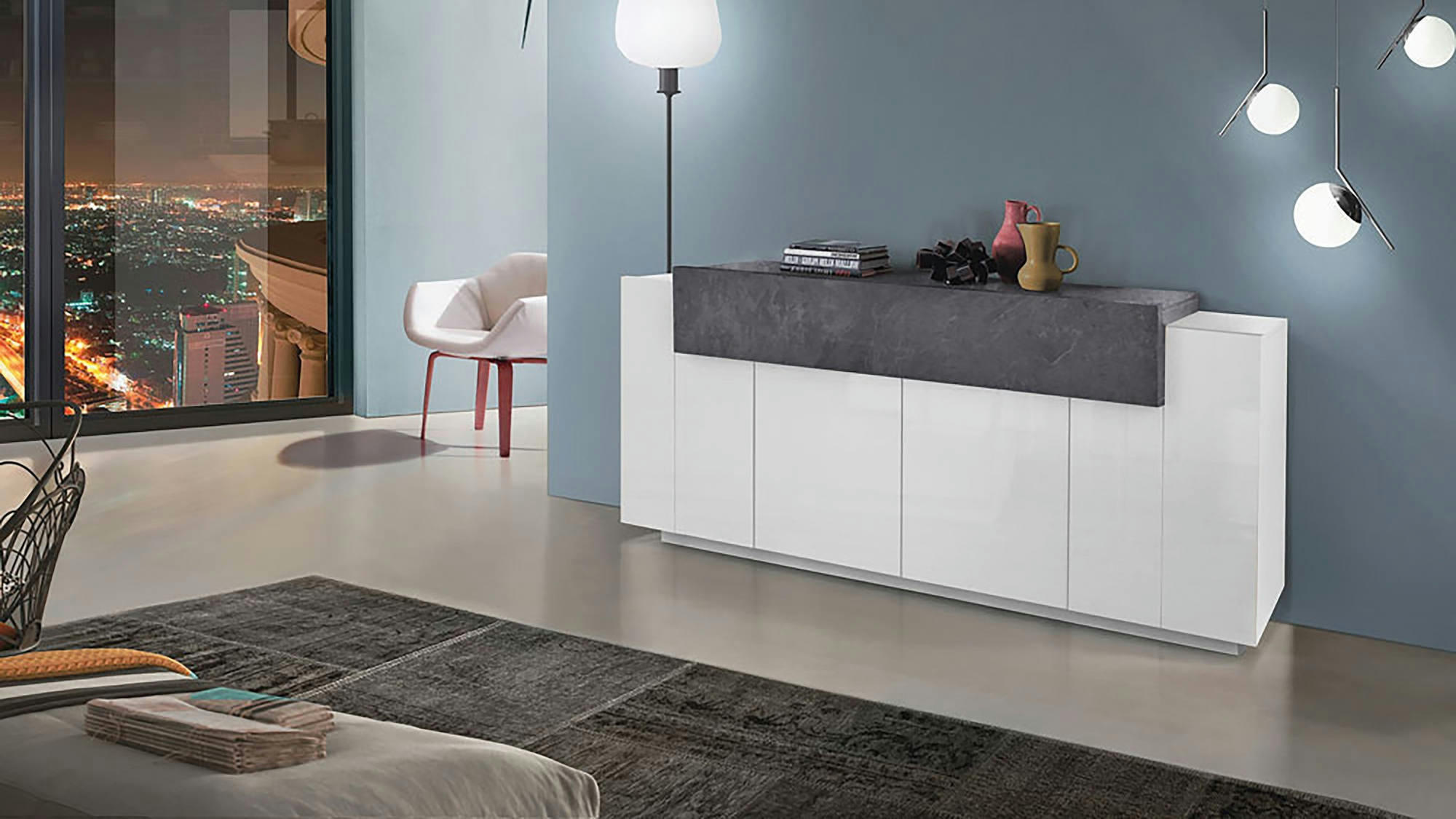 LORIS - Buffet 5 portes effet bois en blanc brillant et gris cendre