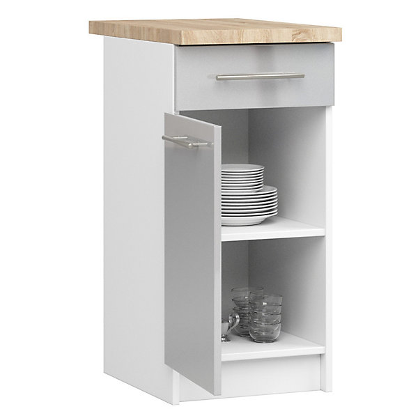 Meuble de cuisine sur pied : 1 tiroir, 1 porte, 2 étagères, blanc / brillant métallisé, 40 x 85 x 46 cm