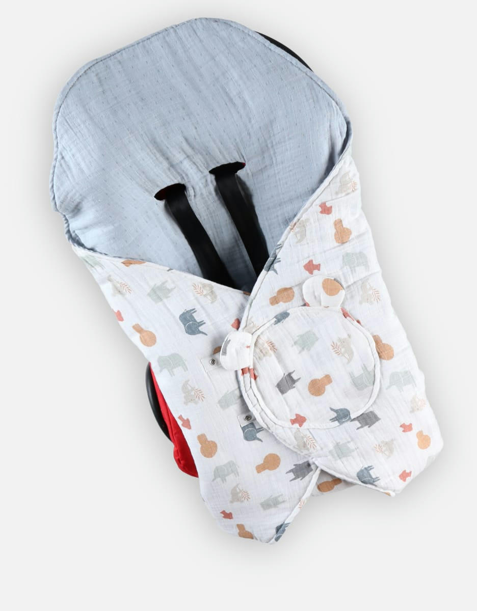 - Couverture promenade mousseline de coton BIO ouatinée, écru/bleu