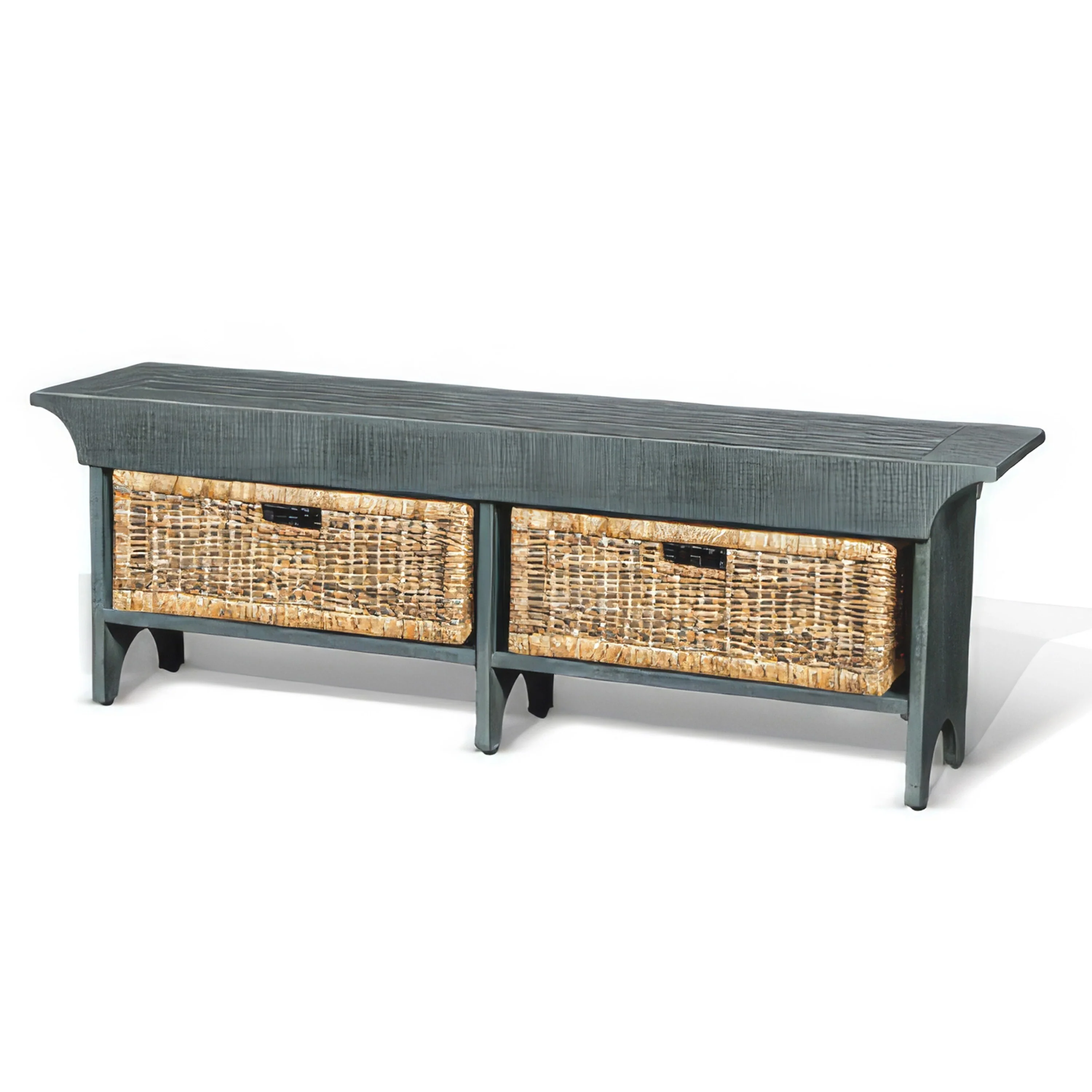 Eulie Short Bench, 2 Brown Rattan Baskets, Light Blue Mahogany Wood