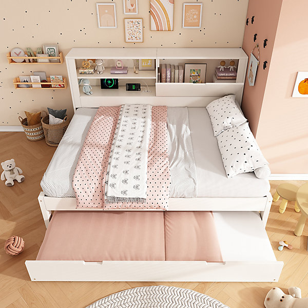Canapé-lit 140x190cm - lit gigogne - USB et Type-C - rangements - blanc (matelas non inclus)