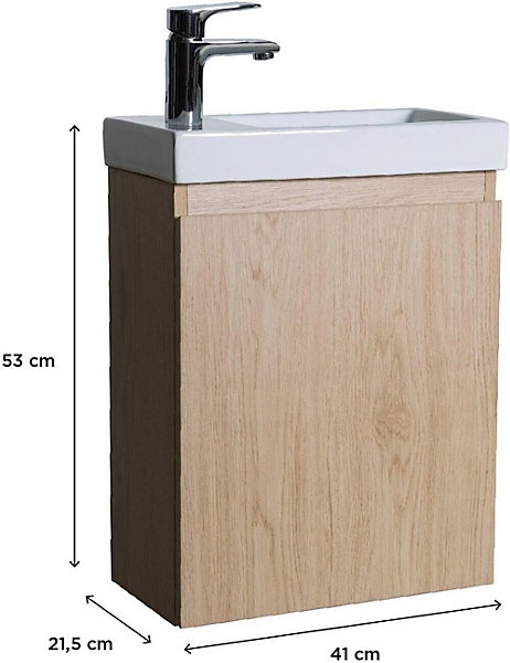 Meuble Lave-Mains Décor chêne avec vasque en céramique blanche