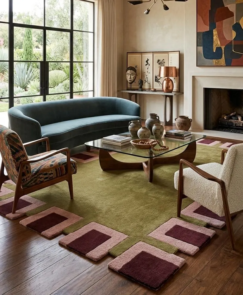 9X12 Olive Green Rug, Modern Geometric Wool Area Rug, Custom Handmade Rug, Luxury Living Room Bedroom Rug, Office Rug, Gifts Rug, Custom Rug