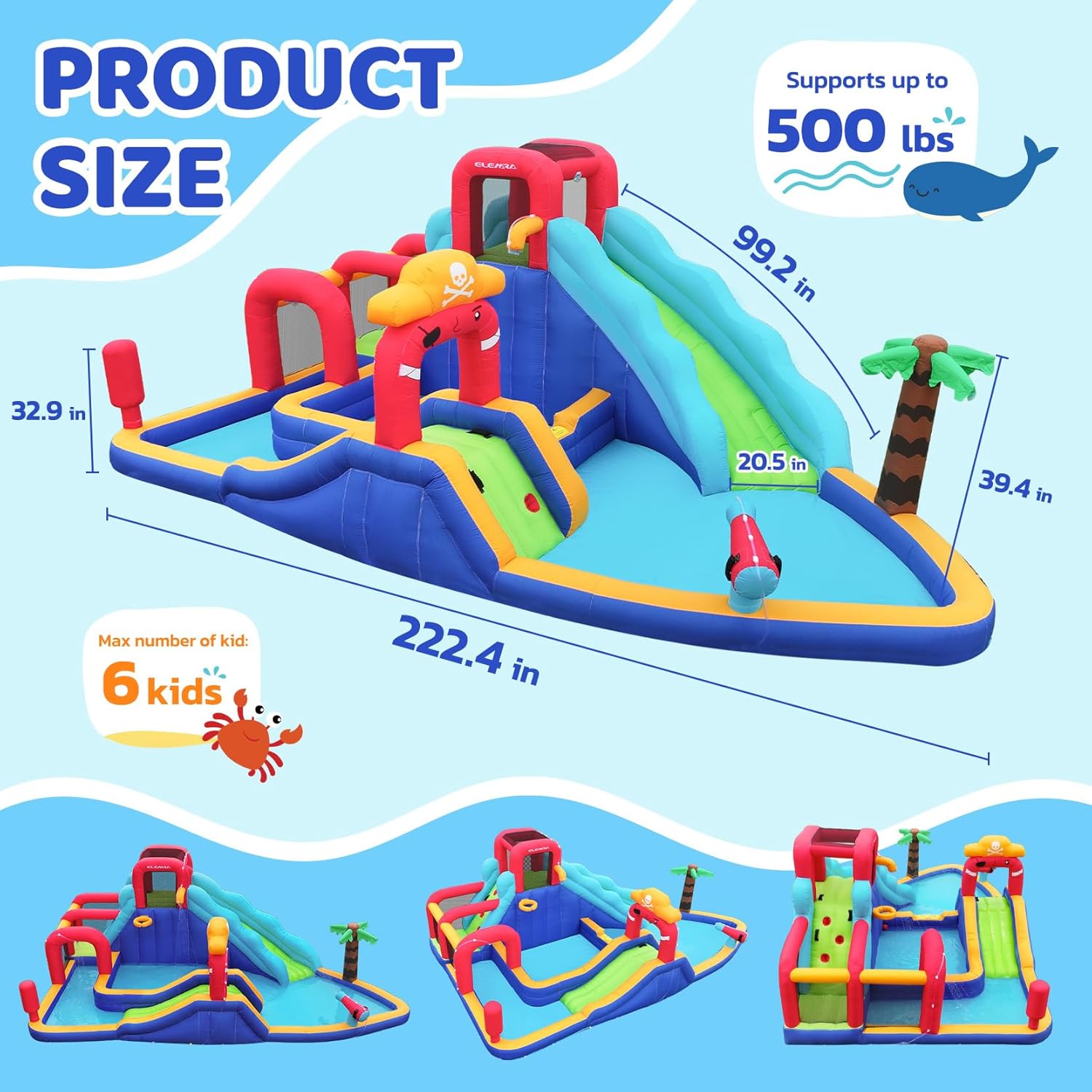 ELEMARA Inflatable Water Slide Bounce House, 10 in 1 Inflatable Water Park with Blower, 2 Slides & 2 Climbing Walls & 2 Water Guns, Deep Pool Giant Splash Pool, Water Slides for Kids Backyard for 6