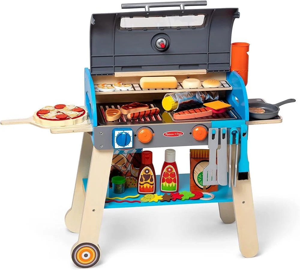 Wooden luxury grill, smoker and pizza oven play with food toys for kids pretending to play with cooking