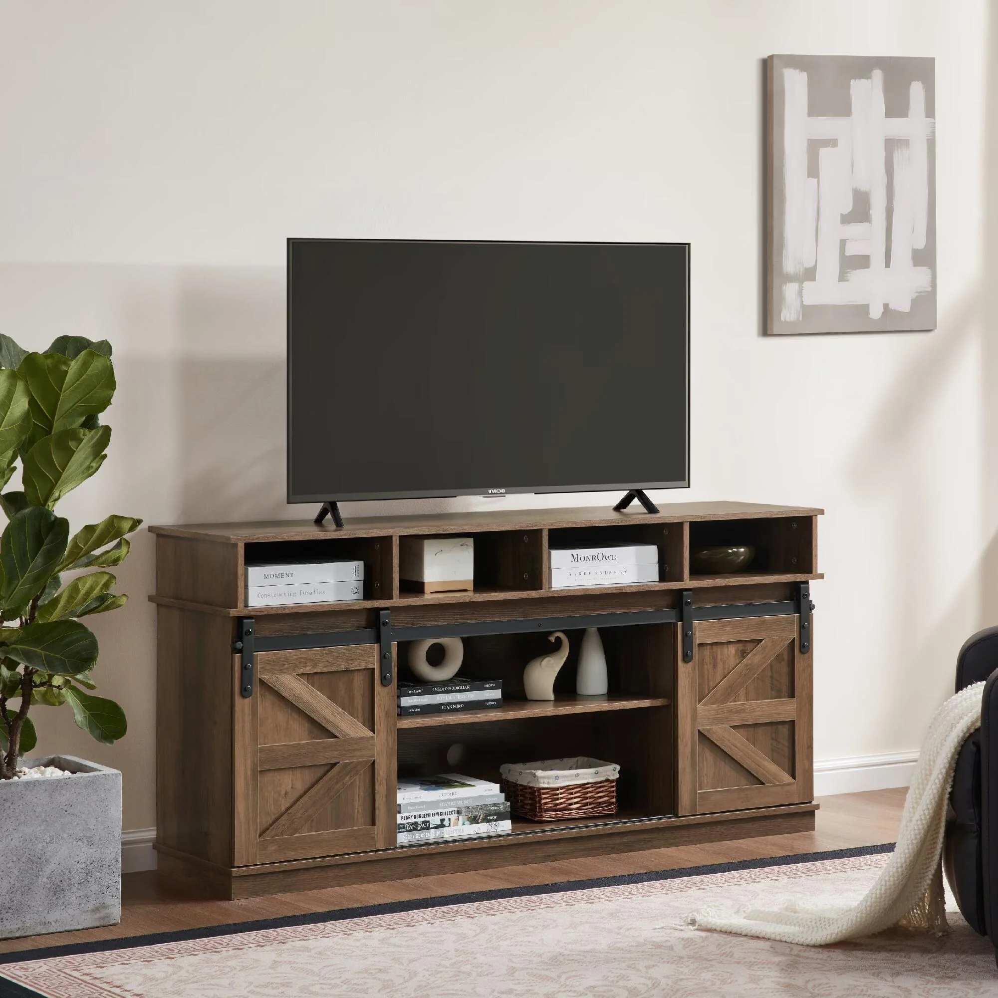 Homy Casa 60in Rustic Brown Farmhouse TV Console with Sliding Barn Doors and 4 Open Cubbies - N/A