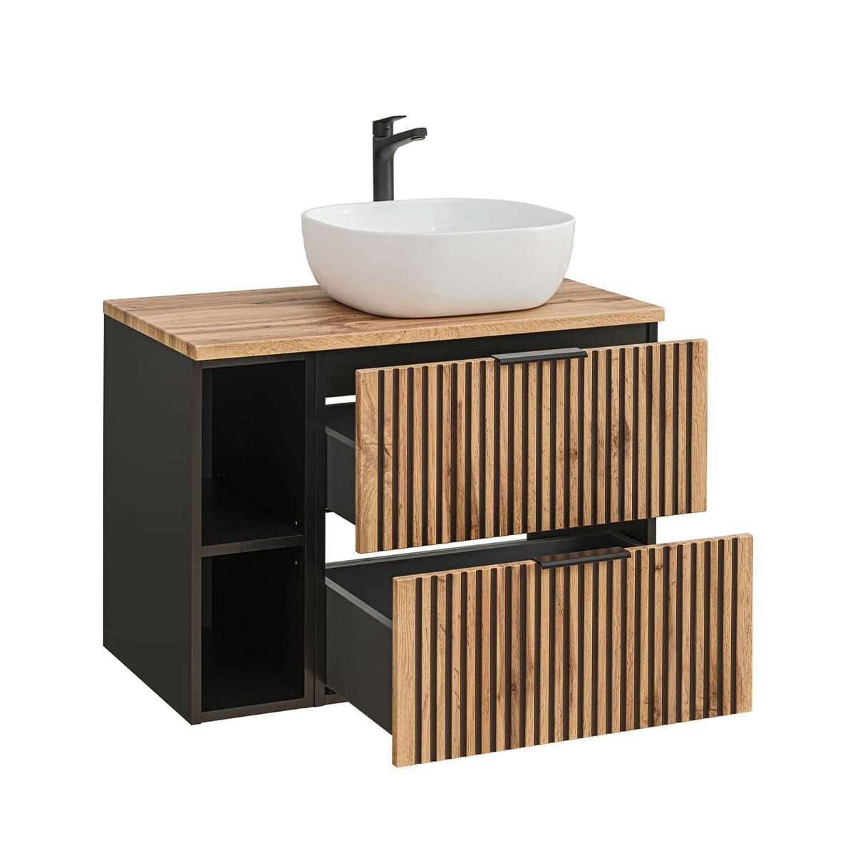- Meuble simple vasque 80cm 2 niches naturel et noir