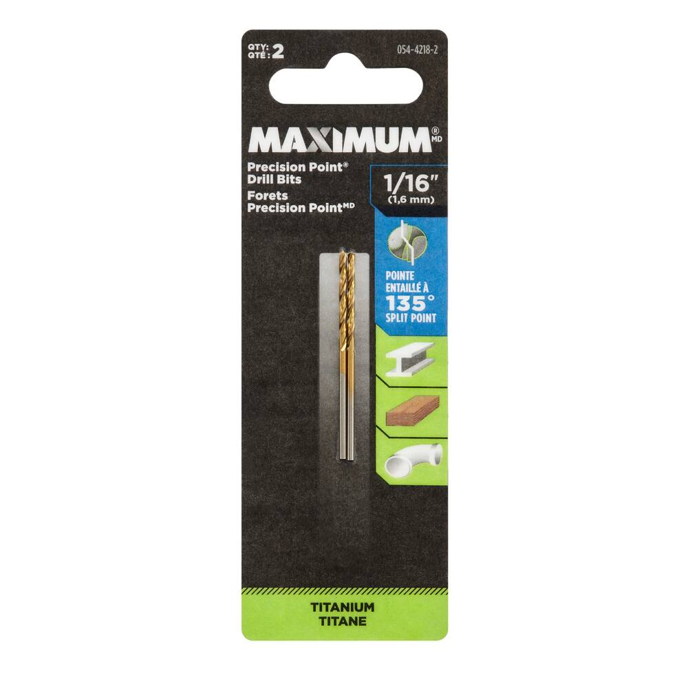 MAXIMUM Precision Point Titanium Drill Bits for Wood, Metal, Plastic, 2-pk
