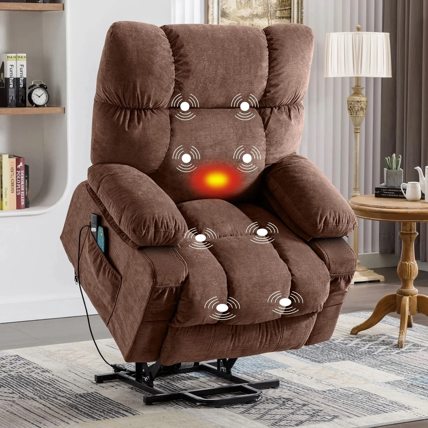 Blue Power Lift Recliner with Heat, Massage, USB Charging, Side Pockets, and Remote Control for Convenience