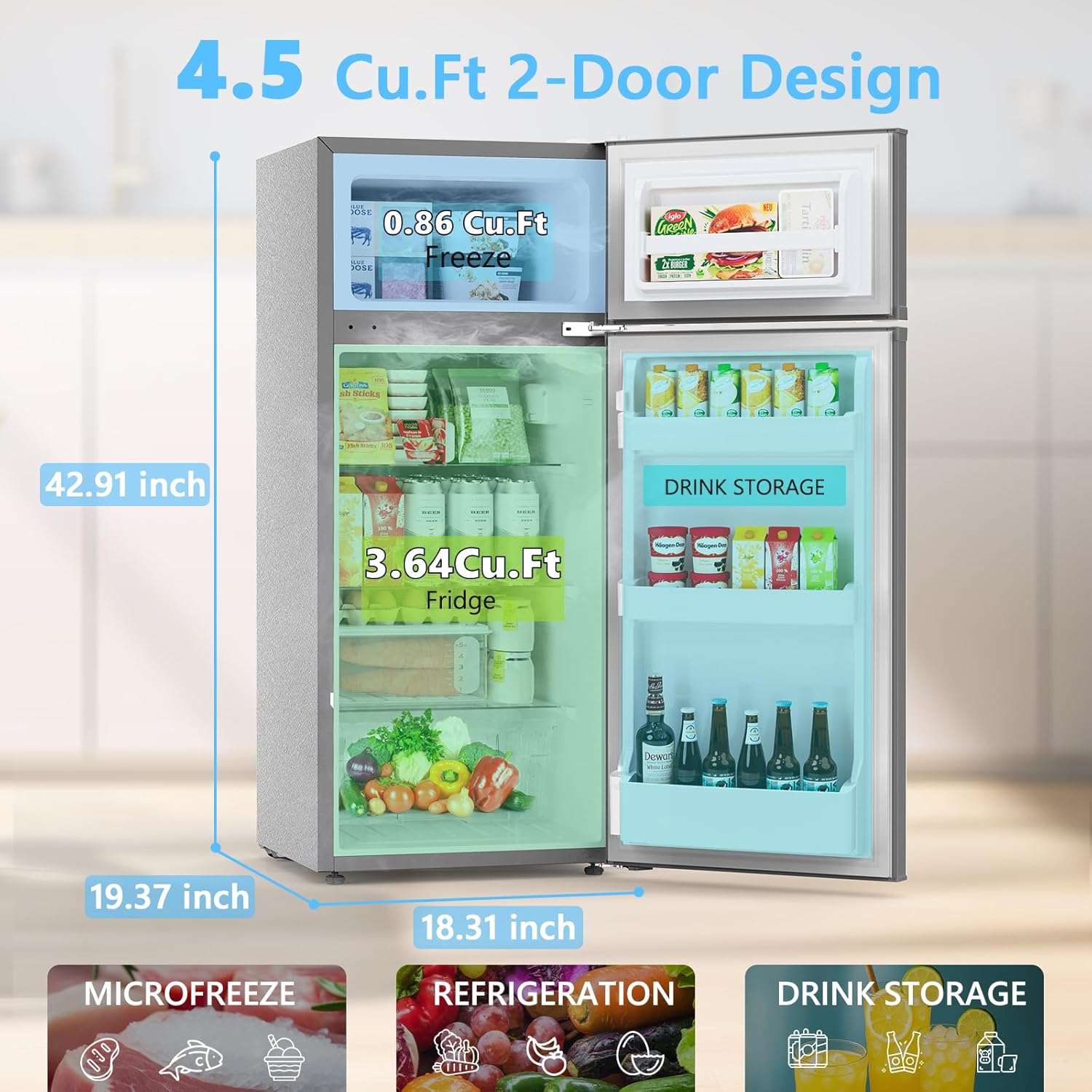 COWSAR 4.5 Cu.Ft Dorm Fridge With Freezer, 2-Door Compact Refrigerator With 2 Removable Shelves, 3 Level Adjustable Thermostat, Commercial Office Fridge for Bedroom, Kitchen, Apartment, Dorm, Grey