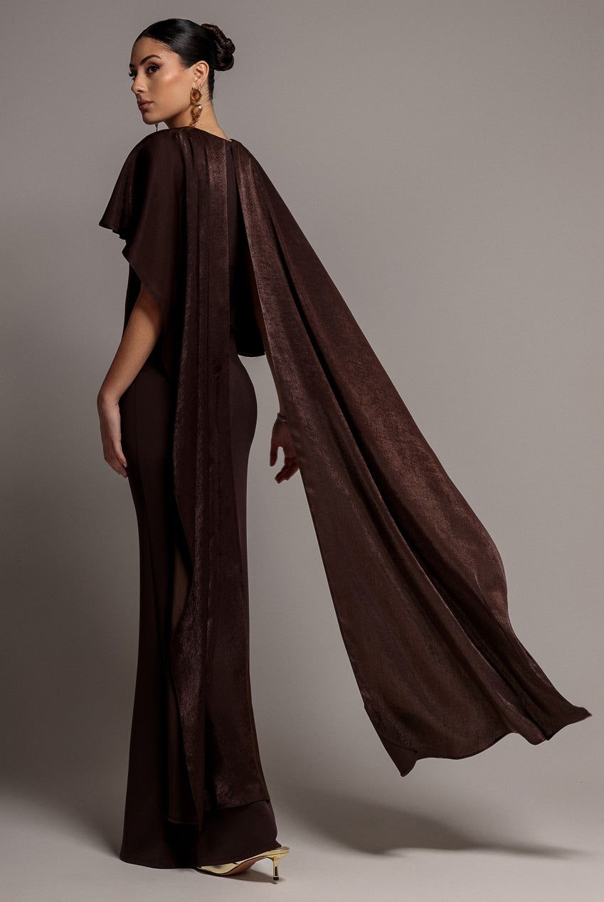Goddiva Scoop Neck Velvet Satin Cape Sleeve Maxi Dress