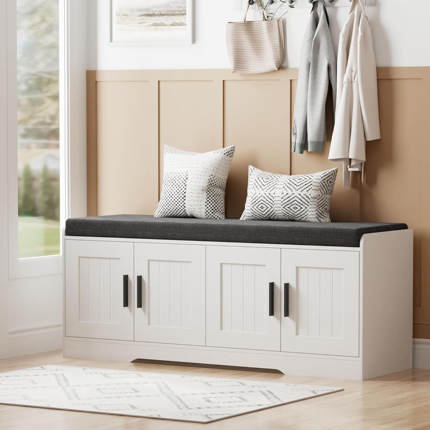 Homleke 2-Tier Storage Bench, Shoe Bench with Thickened Padded Seat Cushion, Entryway Bench with 4 Doors, Adjustable Shelf, 13.8 D x 45.3 W x 18.5 H, for Entryway, Living Room, Bedroom, White