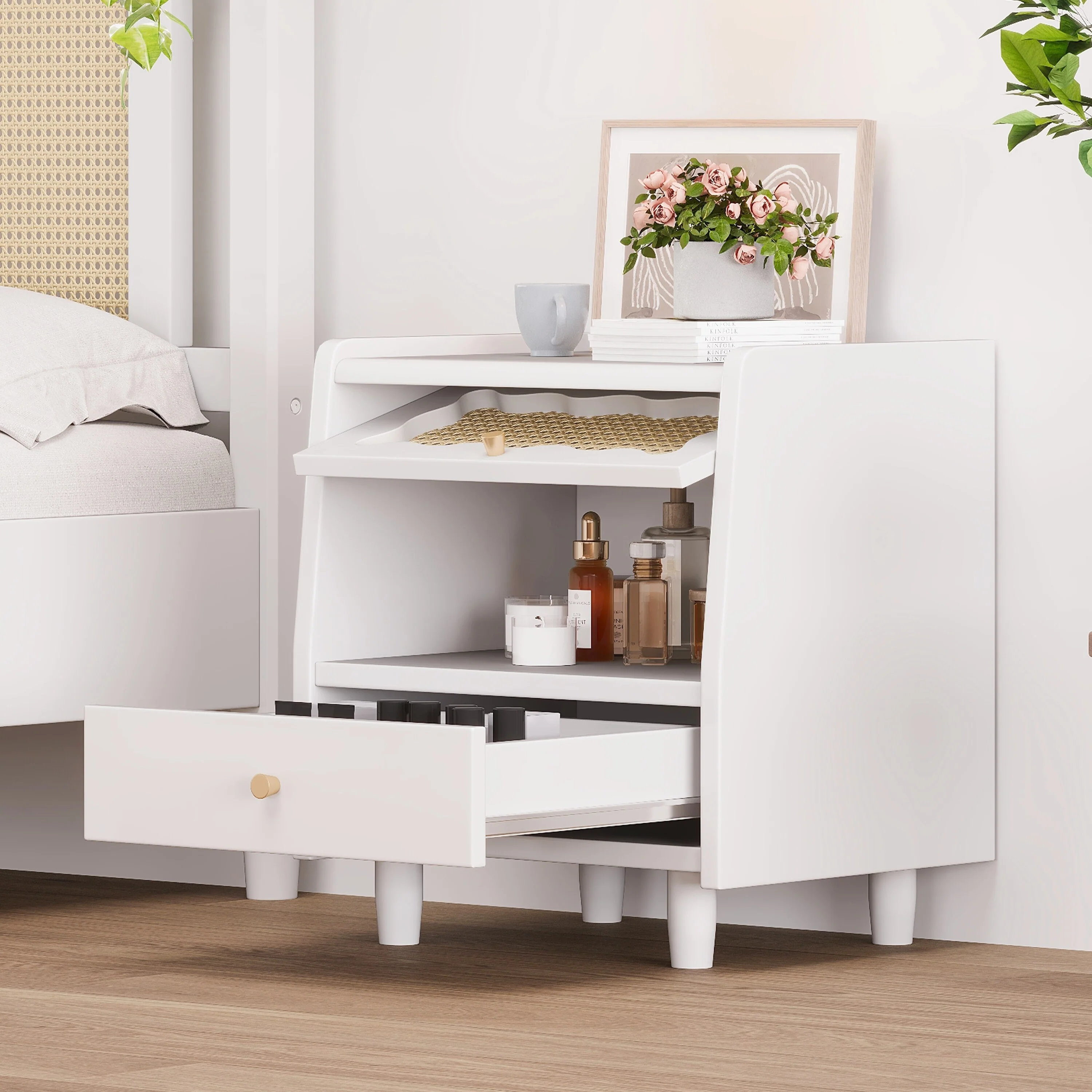 Wooden Nightstand With Rattan-Woven Storage Cabinet And 1 Drawer