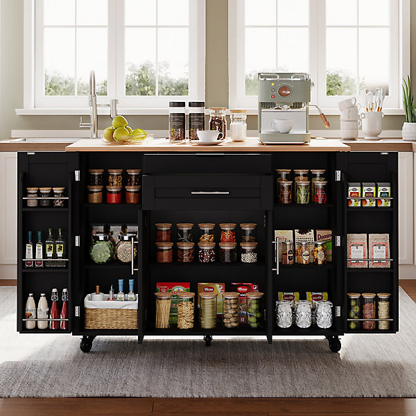 Îlot de Cuisine Extensible Mobile avec Plan de Travail Rabattable, Tiroir à Couverts et étagères Réglables, Noir, 136x70x92 cm