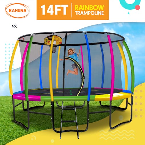 NNEDPE Kahuna Trampoline 14 ft with Basketball Set - Rainbow