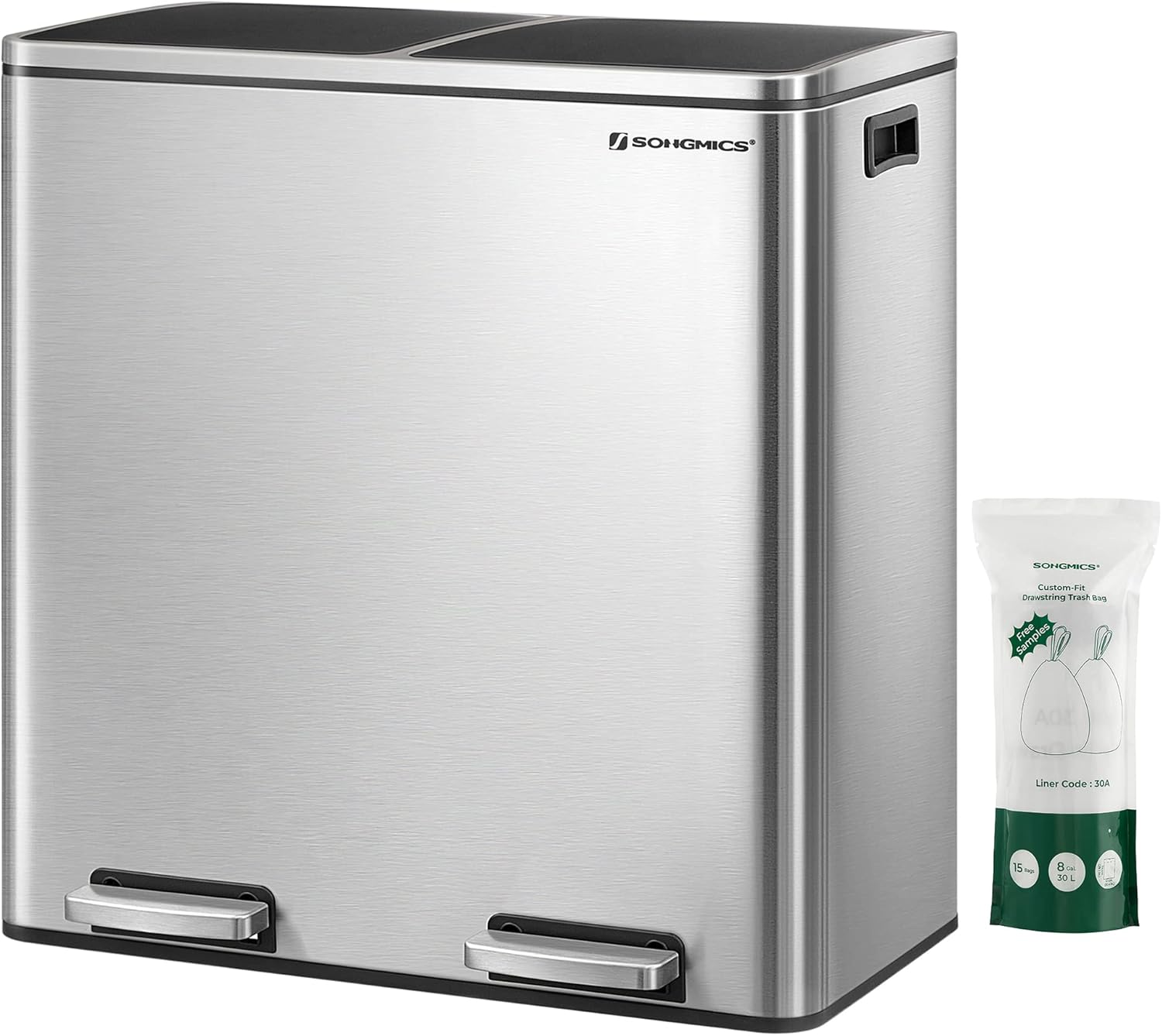 SONGMICS Trash Can, 2 x 8 Gallon (2 x 30 L) Garbage Can for Kitchen, with 15 Trash Bags, 2 Compartments, Plastic Inner Buckets and Hinged Lids, Airtight