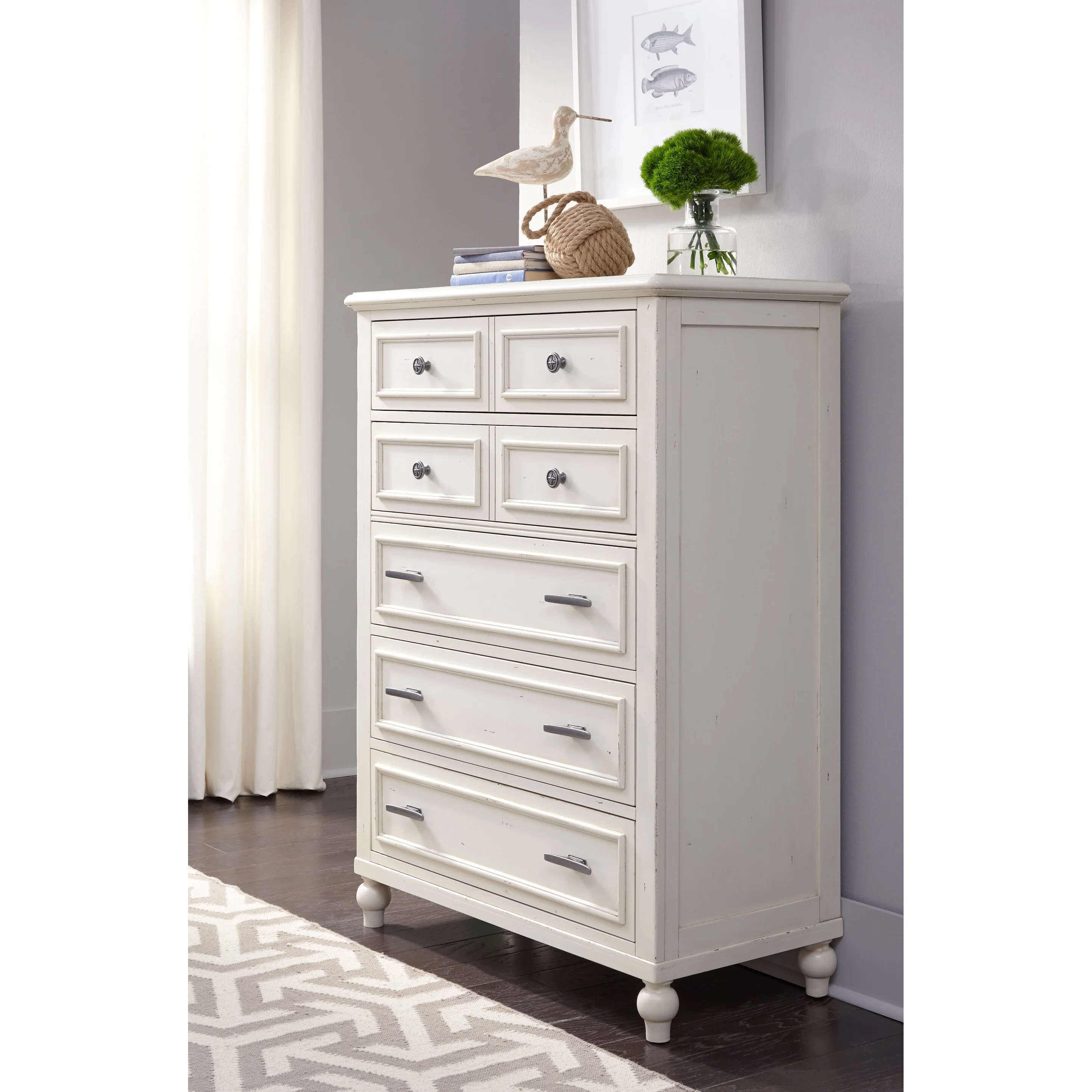 Lake House Five Drawer Chest, Pebble White