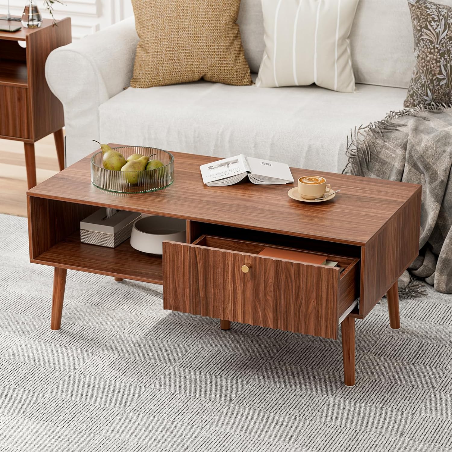 LCRBOL Coffee Table with Storage, Mid Century Dining Table with Fluted Drawer and Solid Wood Legs, Small Coffee Tables for Living Room, Walnut