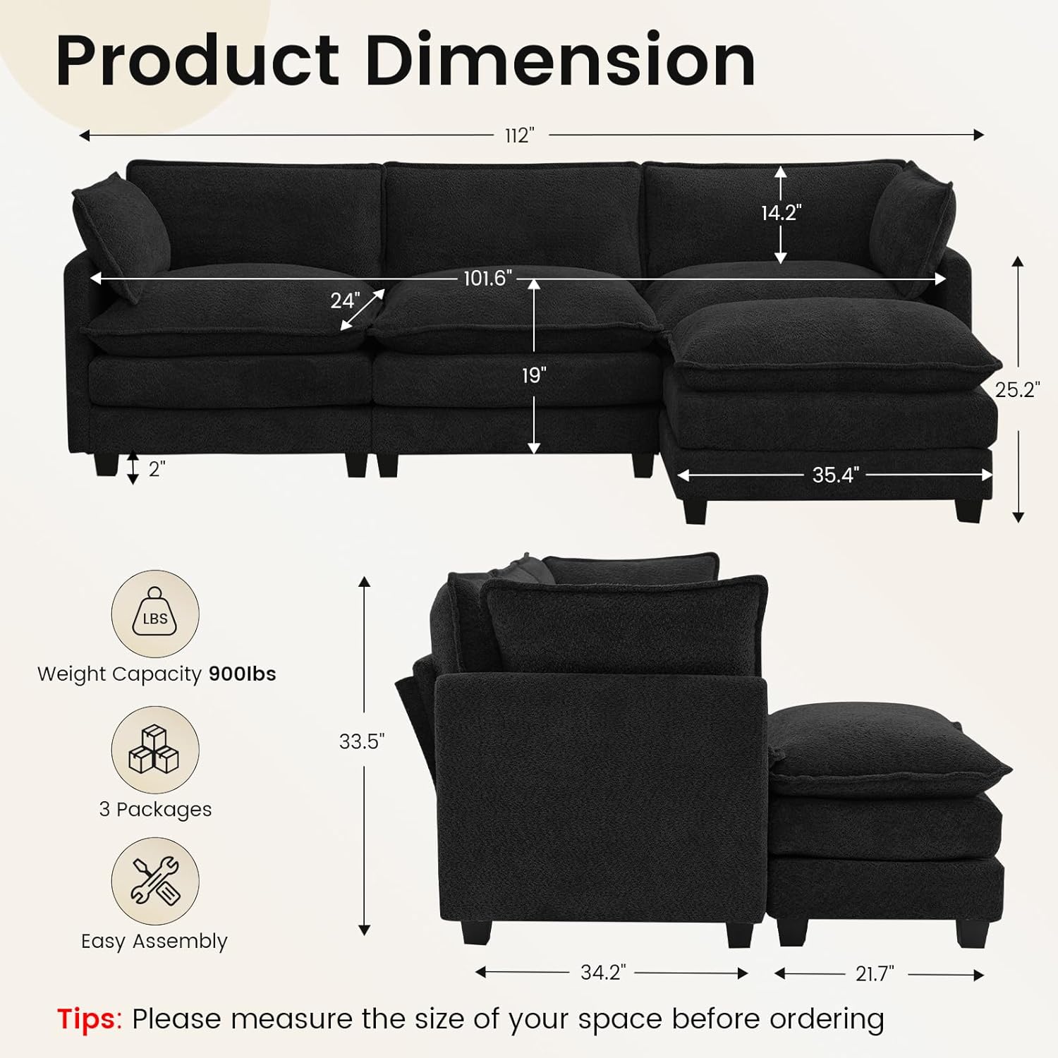 ROWHY Oversized Modular Sectional Couch with Movable Ottoman, 112 Modern Convertible L Shaped Sofa Set, 4 Seat Comfy Cloud Couch with 2 Throw Pillows, for Living Room and Office, Chenille, Black