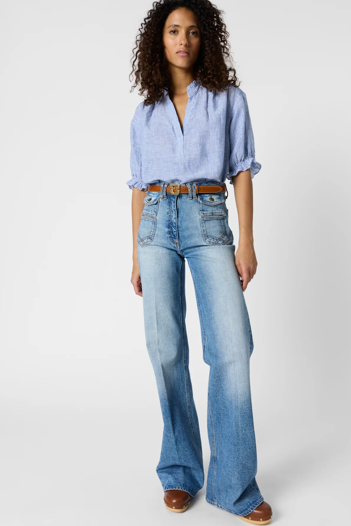 Blouse rayée à volants en lin - CEZIA