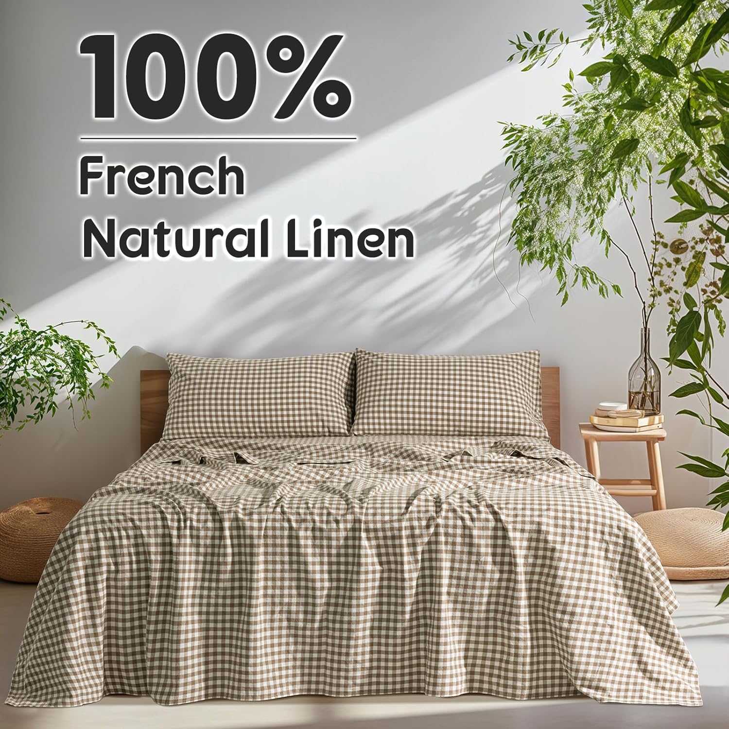 SONORO KATE 100% French Pure Linen Sheets, Breathable and Durable Linen King Size Sheets, Anti-Tear Linen Bed Sheets, Machine Washable, 16 Inch Deep Pocket - 4 Piece (Brown & White Plaid)