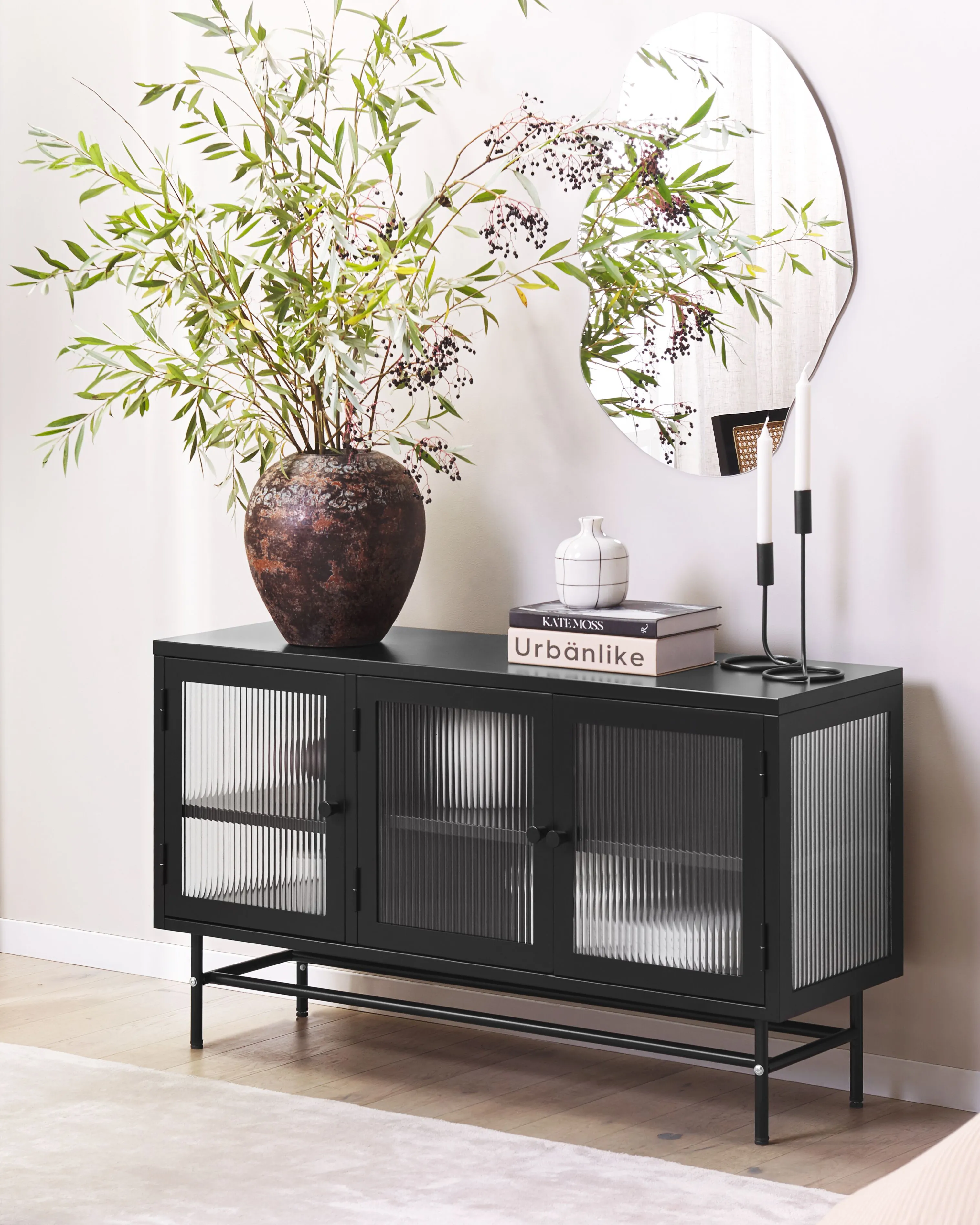 Glass Display Sideboard DEVON Metal 115 cm Black