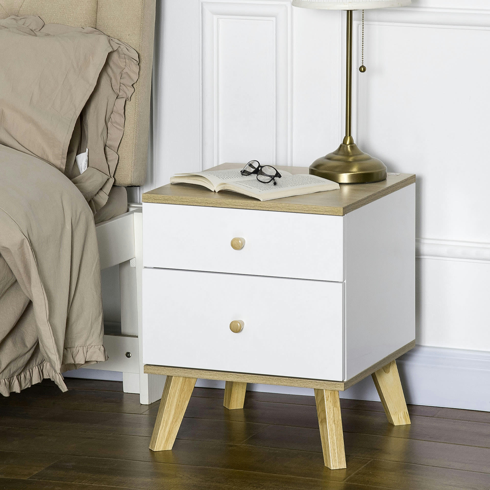 - Table de chevet style scandinave 2 tiroirs blanc aspect chêne clair
