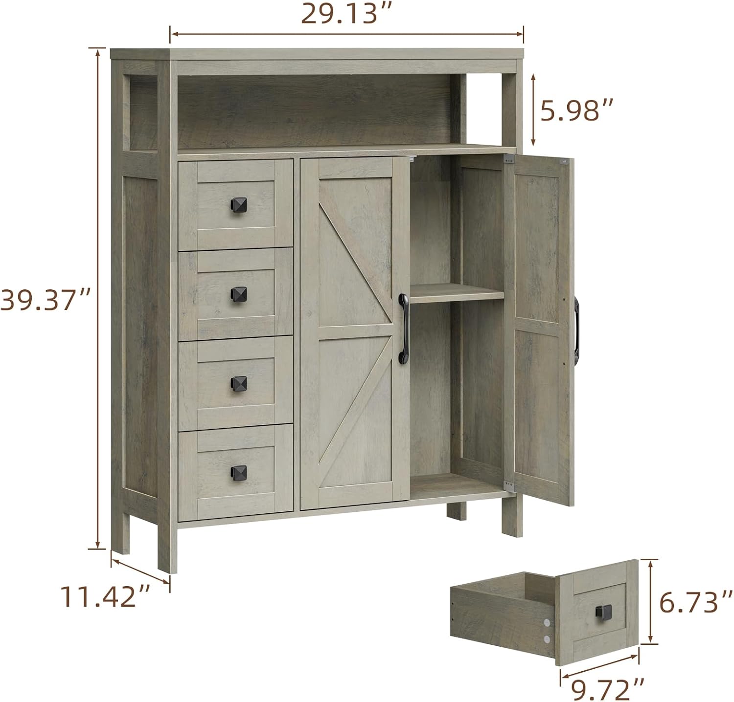 Vabches Farmhouse Storage Cabinet with 2 Doors and 4 Drawers, Freestanding Bathroom Storage Cabinet Kitchen Pantry Cabinet, Floor Cabinets Hutch Cupboard for Kitchen/Living Room/Bathroom.Grey Oak.