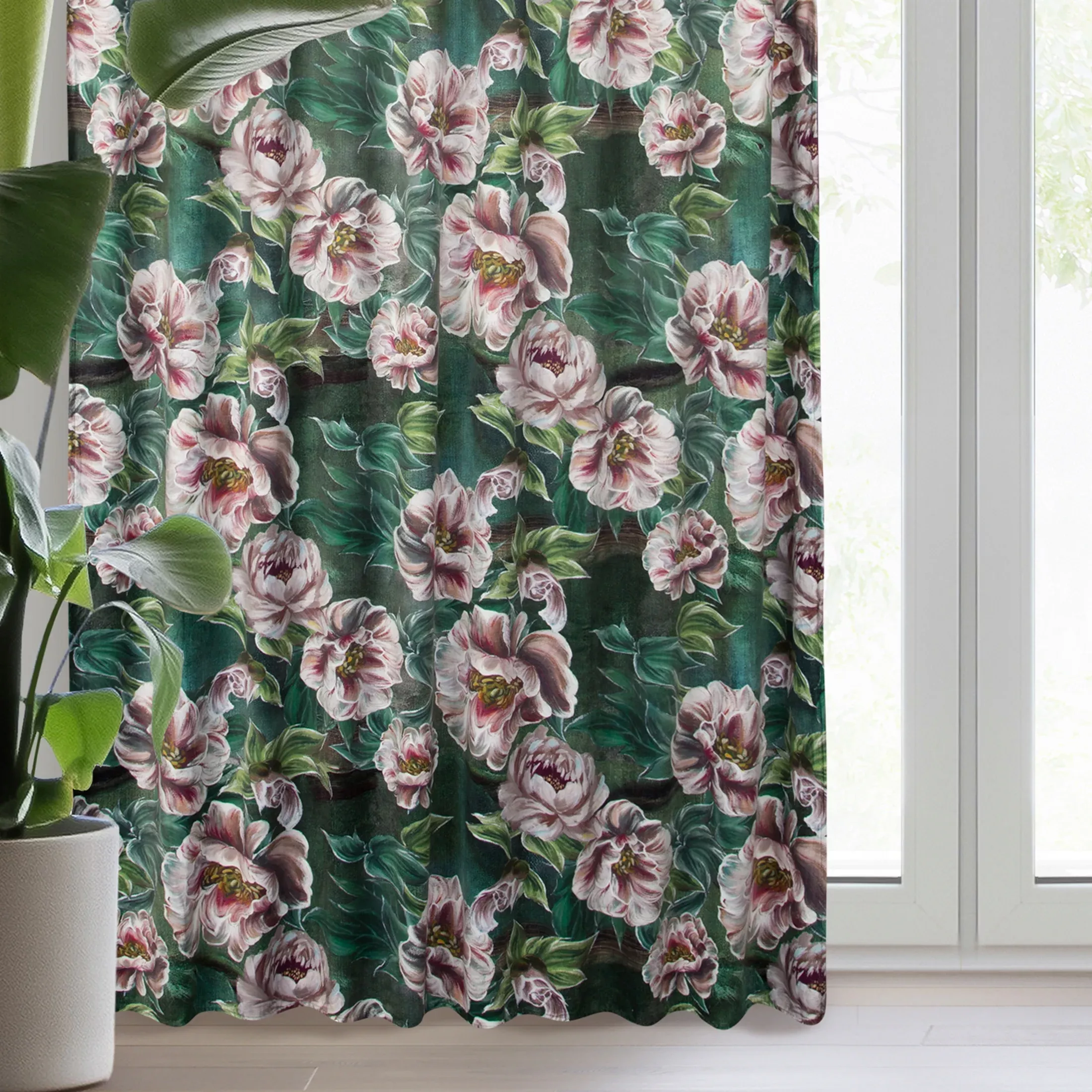 Zasłona zielono, różowa ze wzorem kwiatowym z welwetu 140x270 cm taśma /szelki - PALMERA