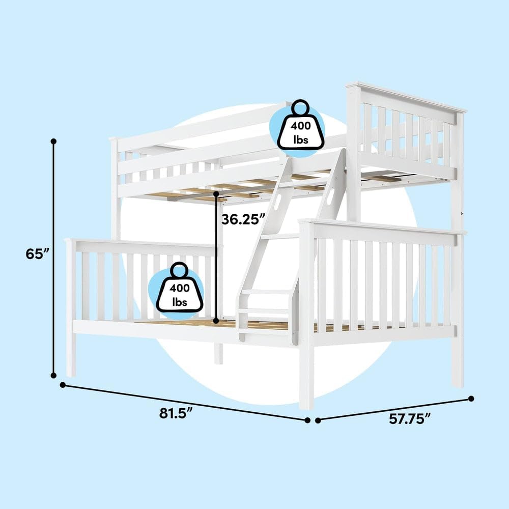 Max & Lily Bunk Bed Twin Over Full Size with Ladder, Solid Wood Platform Bed Frame with Ladder for Kids, 14 Safety Guardrails, Easy Assembly, No Box Spring Needed, White