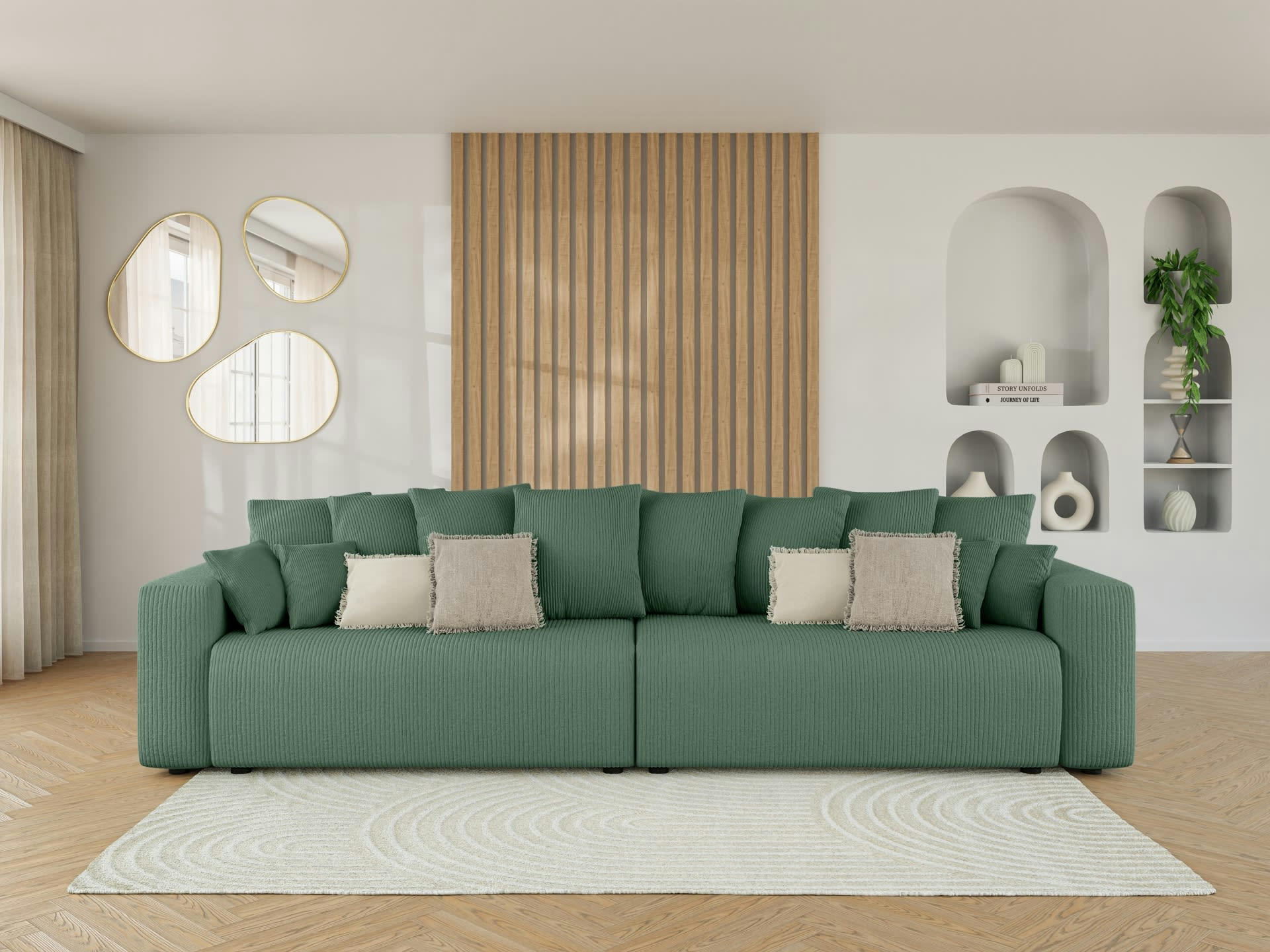 LEA - Canapé droit XL convertible en velours côtelé 5 places vert