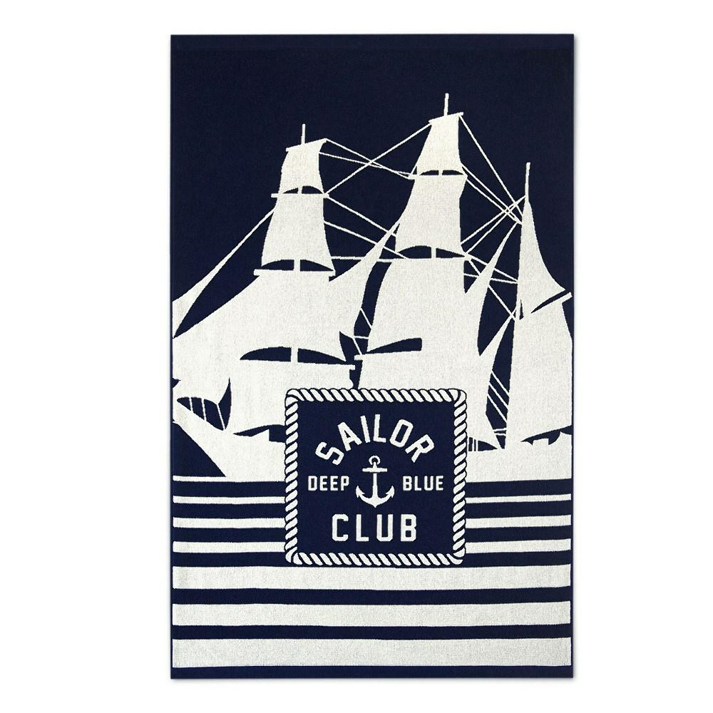 Ręcznik plażowy 100x160 Sailor granatowy biały żaglówki 550 g/m2