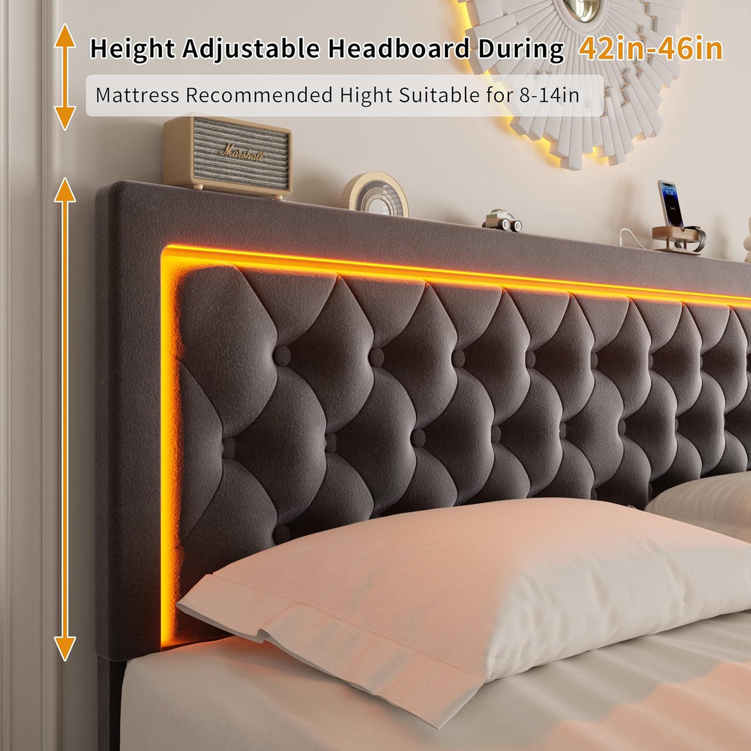 Queen Bed Frame with 4 Storage Drawers, Velvet Upholstered Bed Frame Queen Size with Charging Station and LED Lights, 46 Adjustable Button Tufted Headboard, No Box Spring Needed, Grey