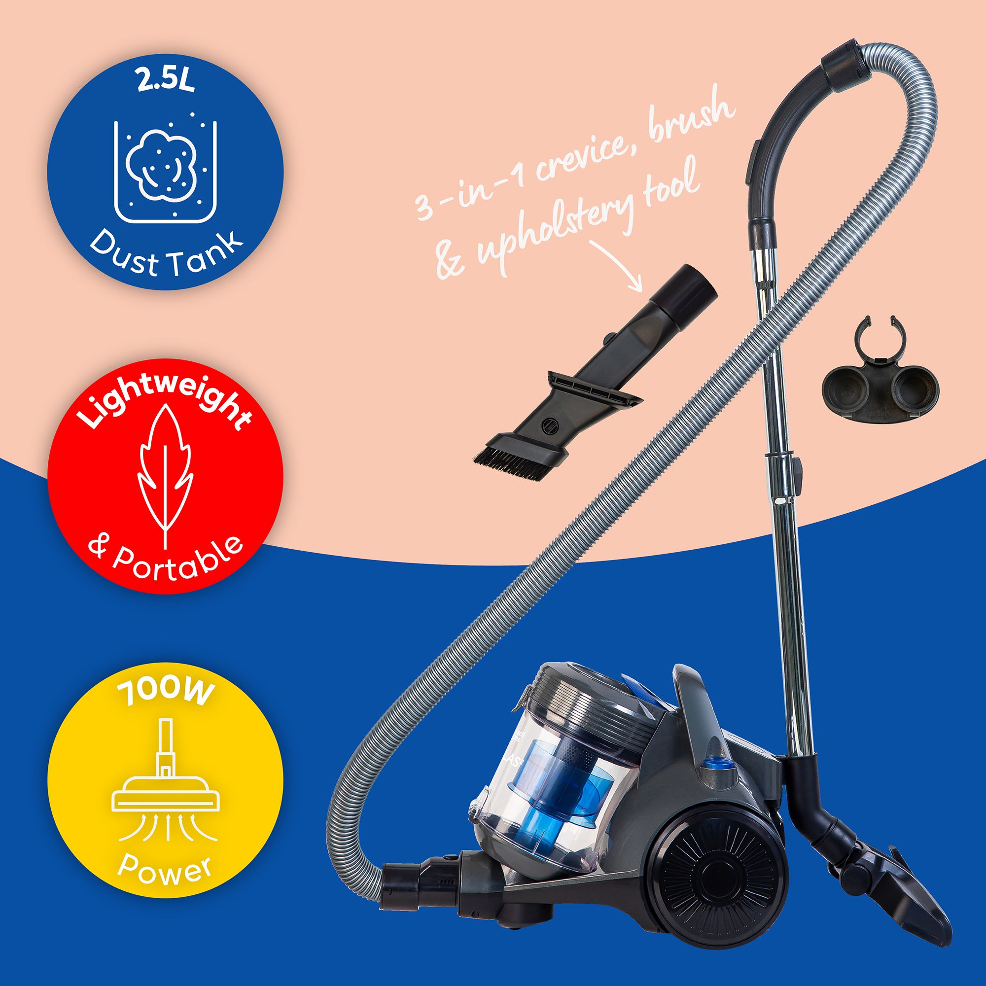 Russell Hobbs Cylinder Vacuum ATLAS2 2.5L 700W 3 in 1 Grey RHCV3101