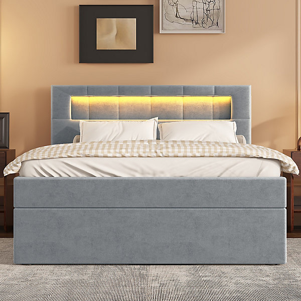 Lit 90x200 cm tapissé velours gris avec éclairage d'ambiance LED, coffre de rangement et tête de lit réglable