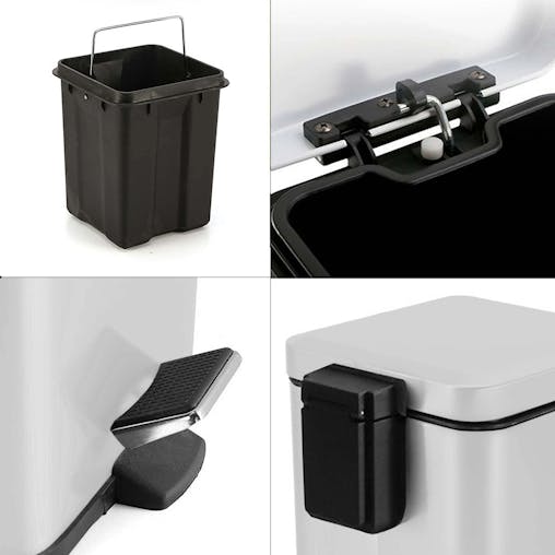 SOGA 2X Foot Pedal Stainless Steel Square Trash Bin White 12L