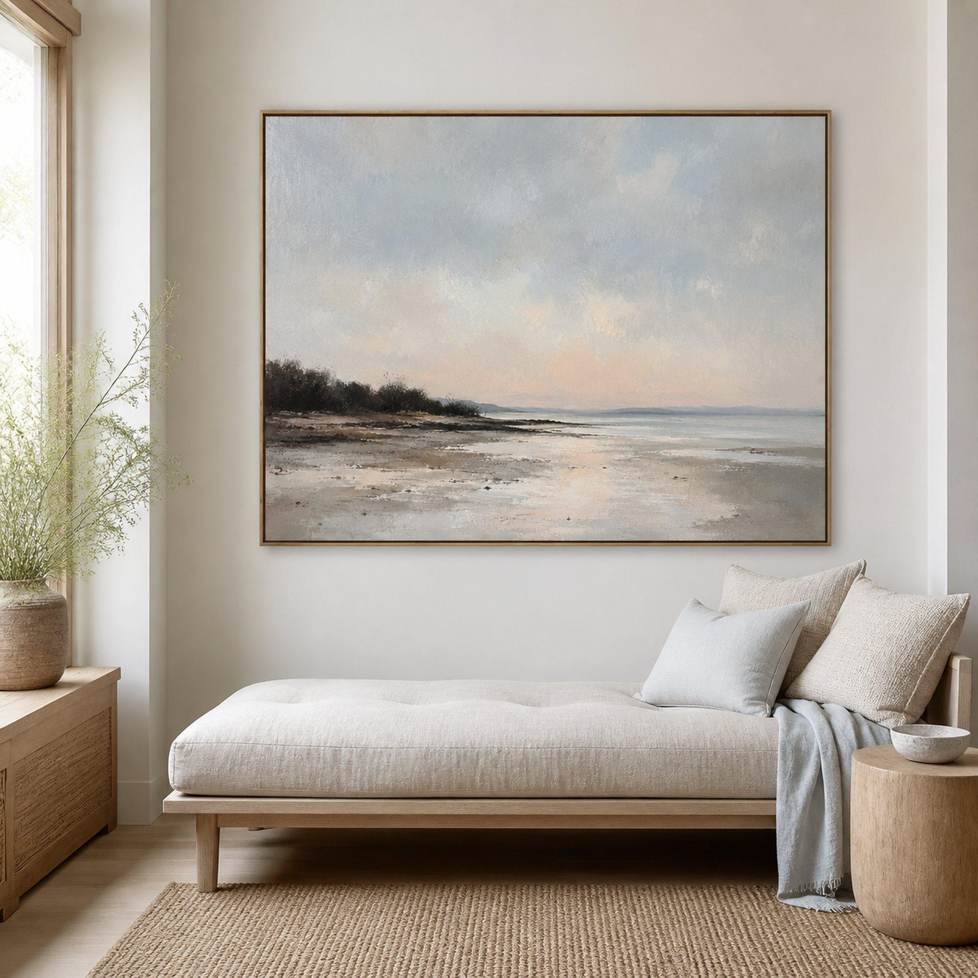 Pale Coastal Landscape Art, Peach Horizon, Neutral Beach Painting