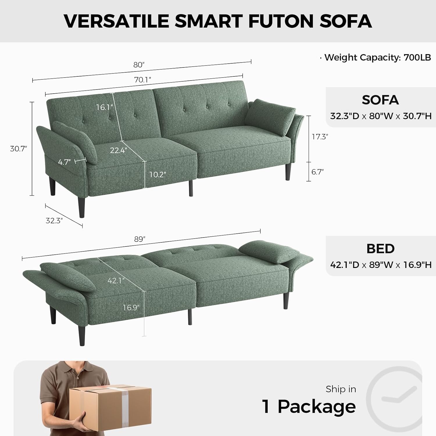 89” Futon Sofa Bed,Comfy Futon Couch Bed with 2 Square Pillows,Convertible Sleeper Sofa with Adjustable Backrest& Armrests, Modern Loveseat Sleeper for Living Room, Bedroom, Linen Green