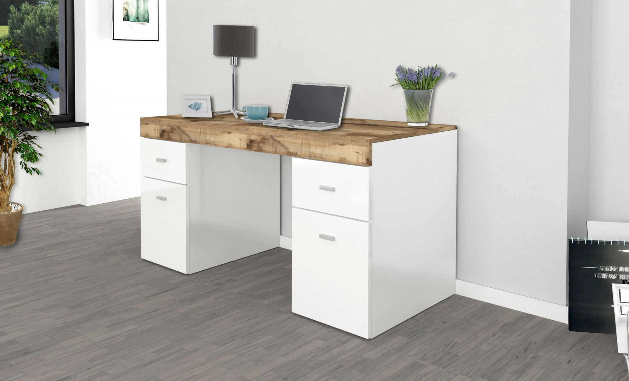 - Bureau avec tiroirs effet bois blanc