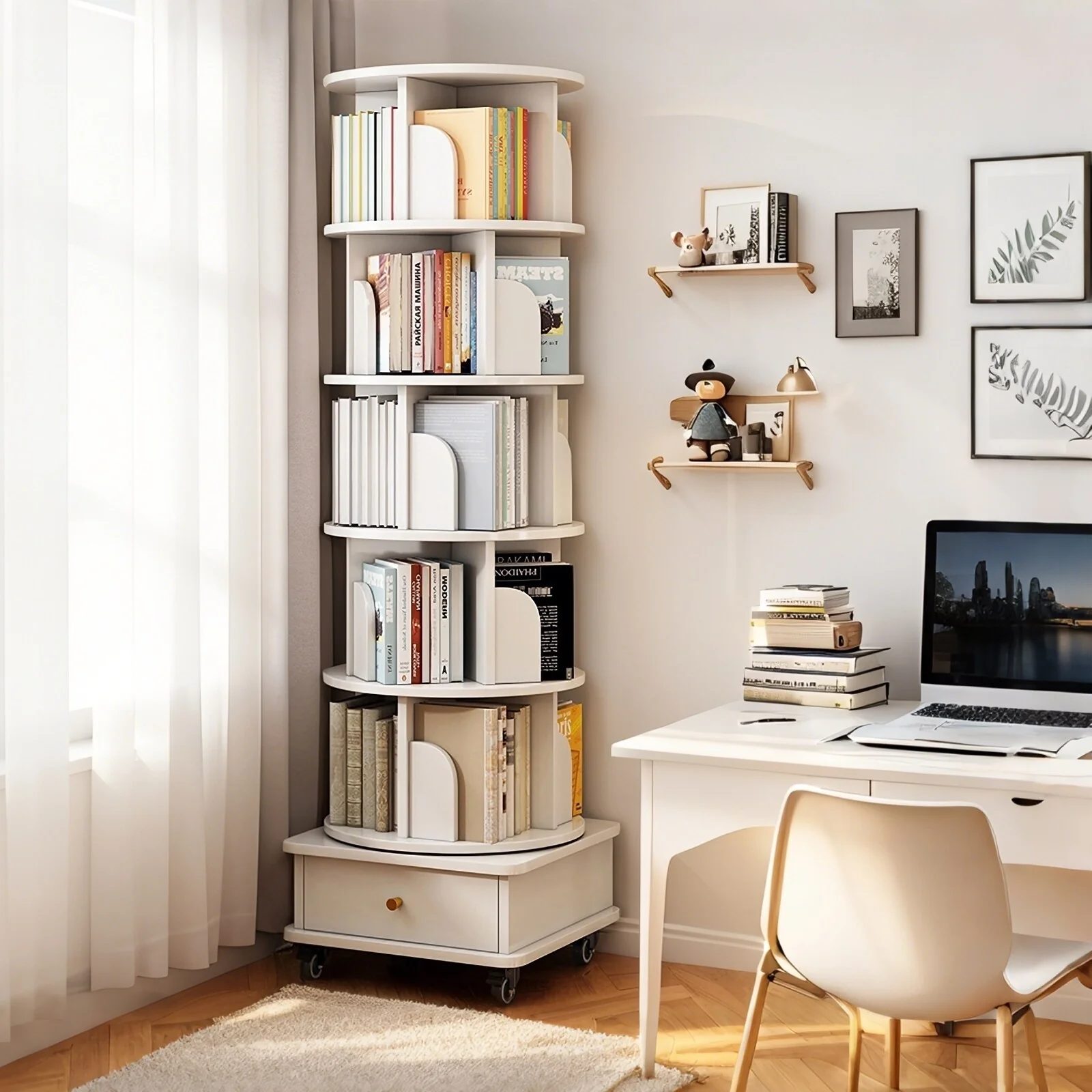 6 Tier 360° Rotating Bookshelf ，Round Spinning Bookcase with Wheels, Drawer & Space-Saving Design Ideal for Bedroom Small
