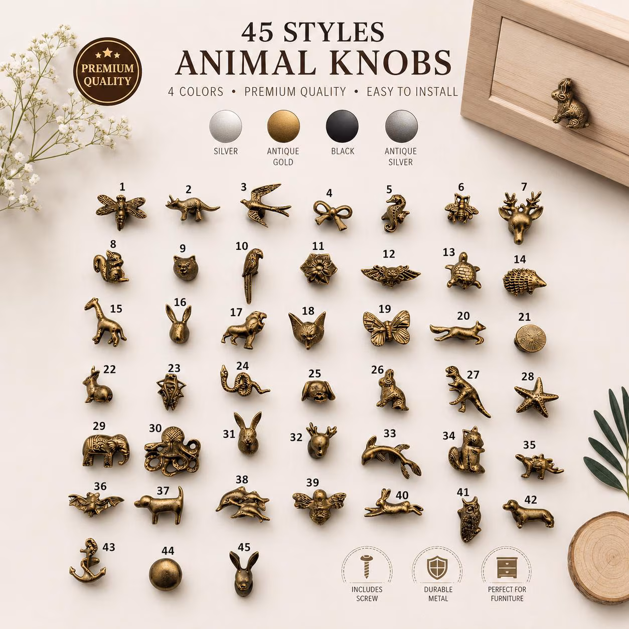 Animal Cabinet Knobs | Safari Woodland Drawer Pulls | Metal Furniture Hardware